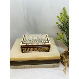 Vintage Marquetry Mosaic Wood Jewelry Box Mother of Pearl Inlay Trinket Box